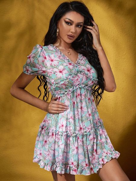 

sxy floral print ruffle detail dress x48a#, Black;gray