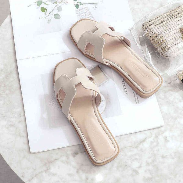 

designer herme slippers slides soft bottom sandals for women to wear out 2022 new summer flat net red slippers leather fashion ins lvva, Black