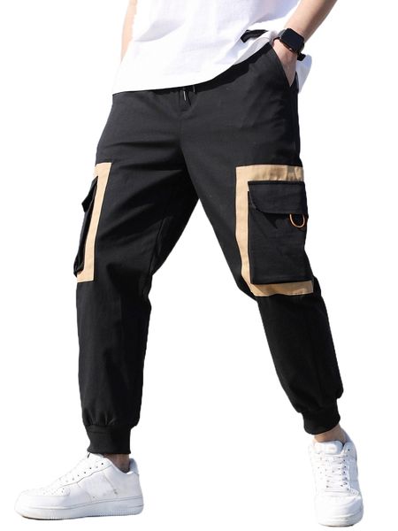 

men colorblock drawstring carrot pants v8up#, Black