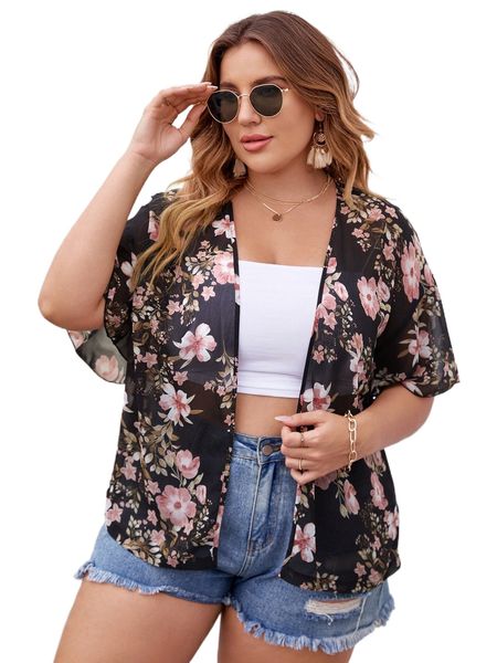 

plus floral print drop shoulder kimono v5i3#, Black;gray