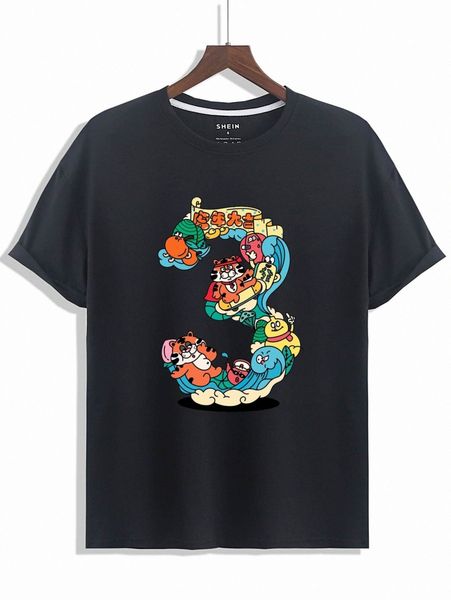 

men cartoon & number print tee j2p3#, White;black