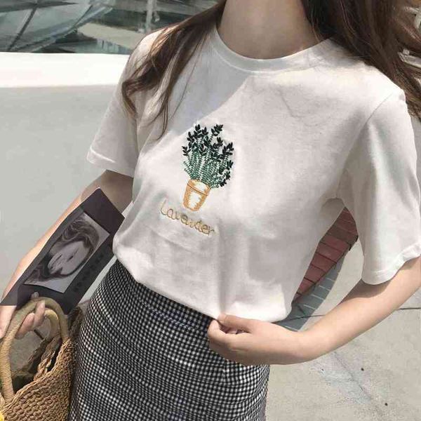 

summer cute flower embroidered white loose cotton casual short sleeve female tshirts 210426
