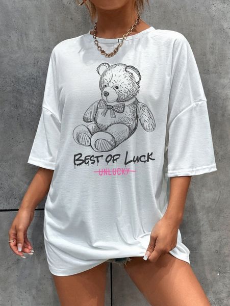 

slogan & bear print drop shoulder tee f2yq#, White