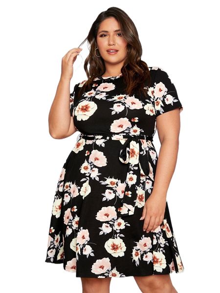 

plus floral print belted dress 67cy#, Black