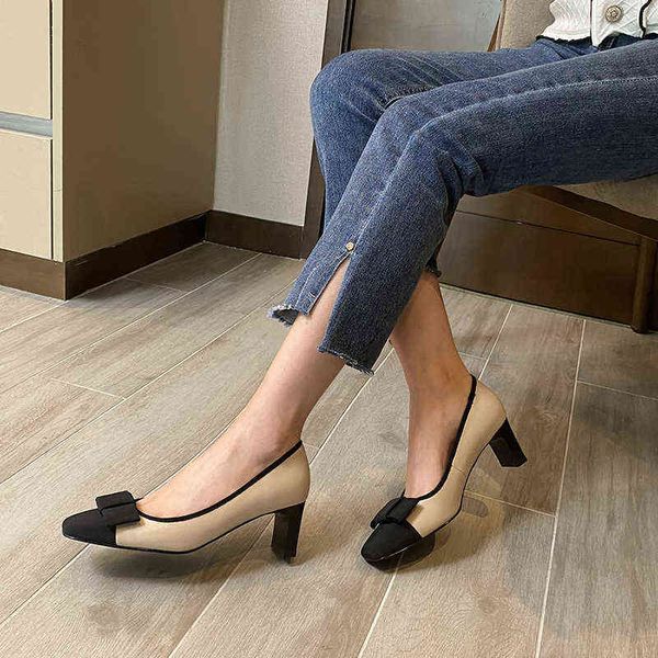 

women dress shoes echt leer vrouwen schoenen slip-on vlinder-knoop lente en herfst ondiepe pompen mode dikke hee maat 34-39 handgemaakte 220, Black