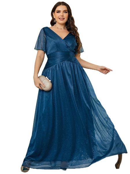 

plus flutter sleeve overlap collar glitter bridesmaid dress 403a#, Black