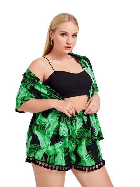 

plus tropical print blouse & tassel hem shorts without cami i90z#, Black