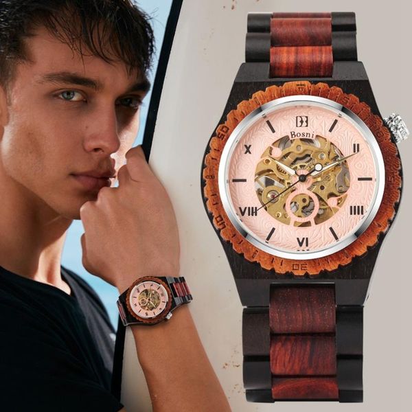 Relógios de pulso punk madeira masculino relógios mecânicos skeleton skeleton man automático faixa de madeira ajustável top watchwatches wristwatche