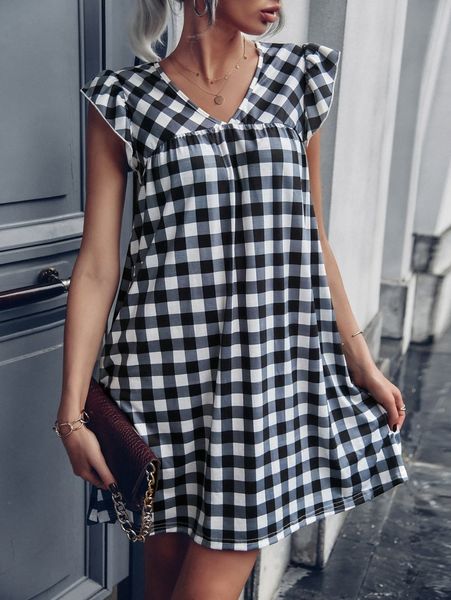 

gingham print ruffle trim dress n2rd#, Black;gray