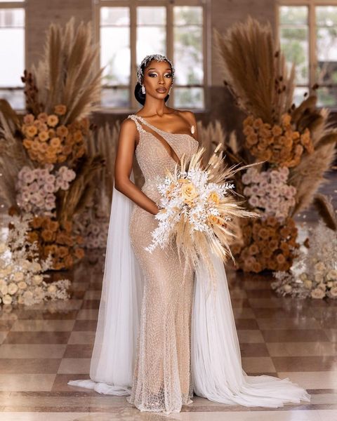 

champagne mermaid aso ebi wedding dresses with tulle cloak train one shoulder glitter sequins beaded bridal wedding gown, White
