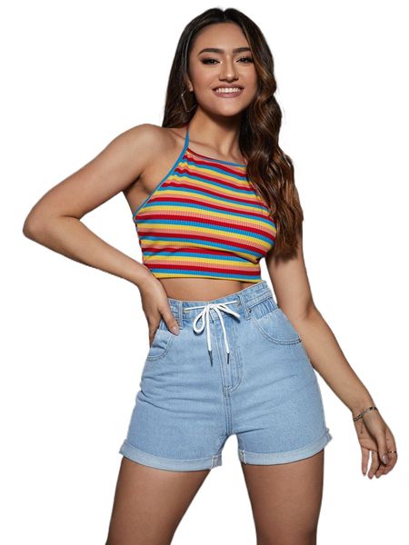 

roll up hem drawstring waist denim shorts b1sl#, White;black