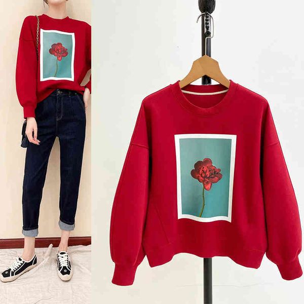 

women's hoodies sweatshirts p200285 xiaohe liquid ammonia cotton red printed round neck pullover ic sweater women's yuan, Black