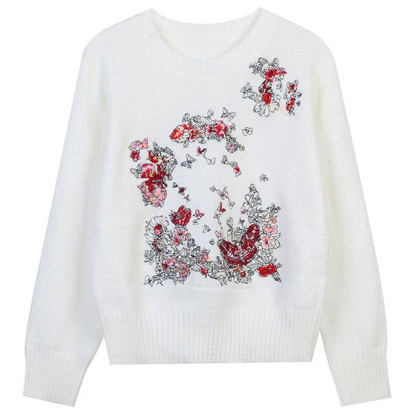 

women's sweaters embroidery cashmere long sleeve jumper sweater pullover knit women flower and butterfly printing, White;black