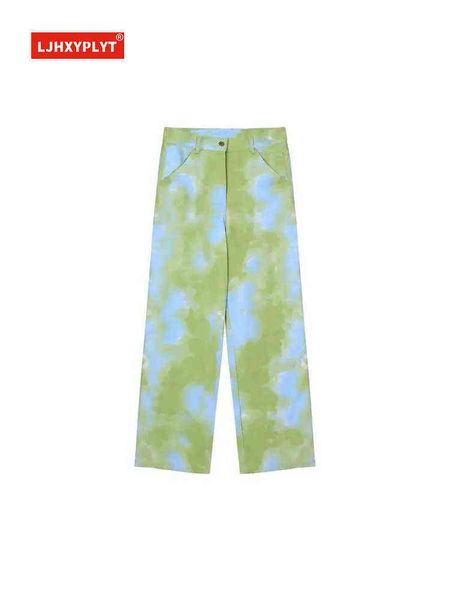 

green printed tie-dye wide-leg jeans women's spring autumn new retro design sense niche girl american straight denim pants l220726, Blue