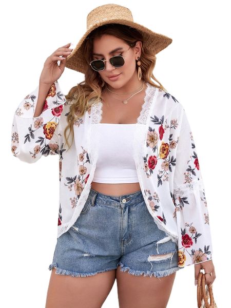 

plus floral contrast lace kimono e6wq#, Black;gray