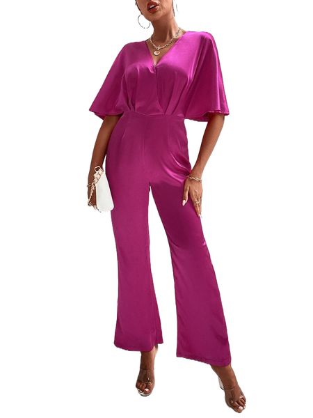 

batwing sleeve tie back fold pleated jumpsuit k9j4#, Black;white