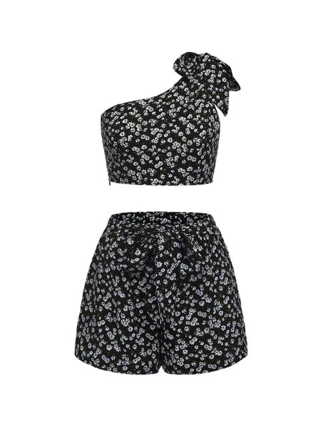 

mod ditsy floral knot one shoulder & tie front shorts l1g7#, White