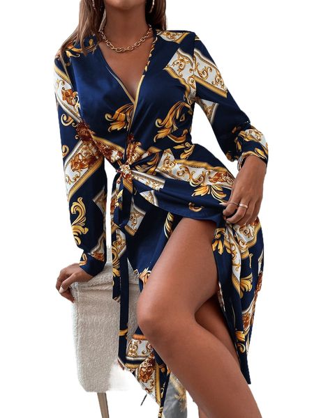 

sxy baroque print surplice neck knot side wrap dress z74s#, Black;gray