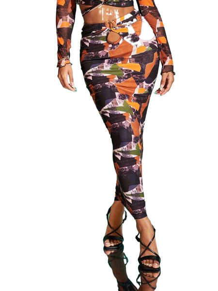 

o-ring detail allover print pencil skirt 97zp#, Black