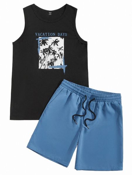 

men letter graphic tank & drawstring shorts set v8l0#, Gray