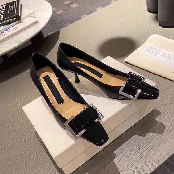 

dress shoes square button square head high heels women's spring design sense of minority leather thin heel dinner evening dress single, Black
