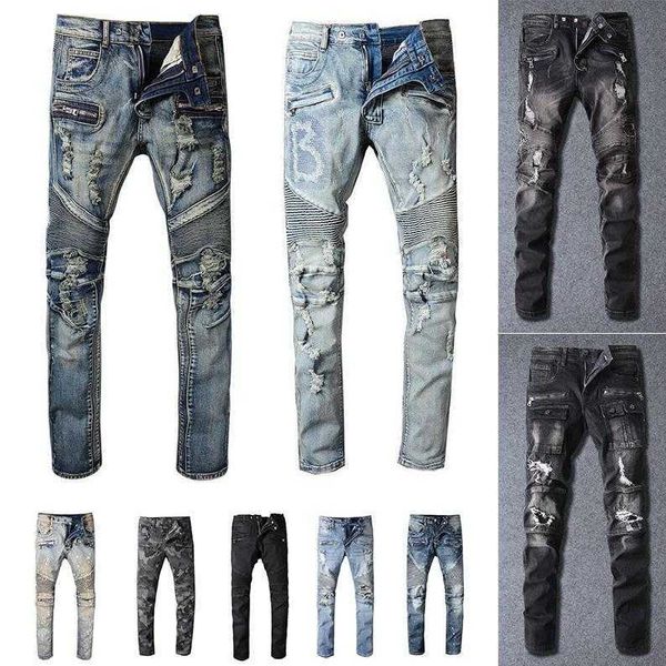 

jeans fashion ripped clothing designer pants light blue mens slim denim straight biker hole hip hop jeans men