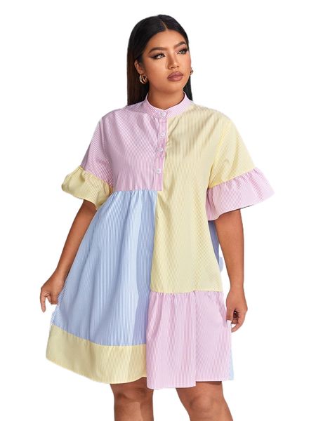 

plus striped colorblock flounce sleeve button front smock dress 62lx#, Black