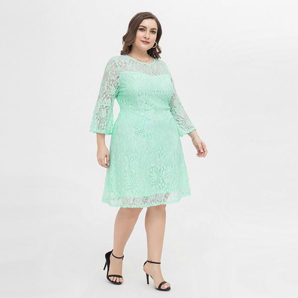 

evening dresses plus size 4xl 2021 fresh elegant loose casual lace mint green round neck waist repair long sleeve knee length, Black