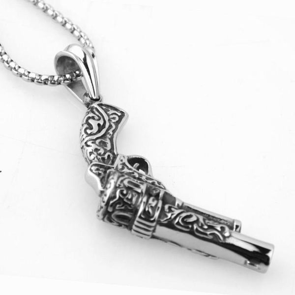 Colares pendentes Fitness Hip Hop Aço inoxidável Charming Pattern Pistol Pistol Men's Boy's Jewelry Colar Box Free Link Chain 24inchpen