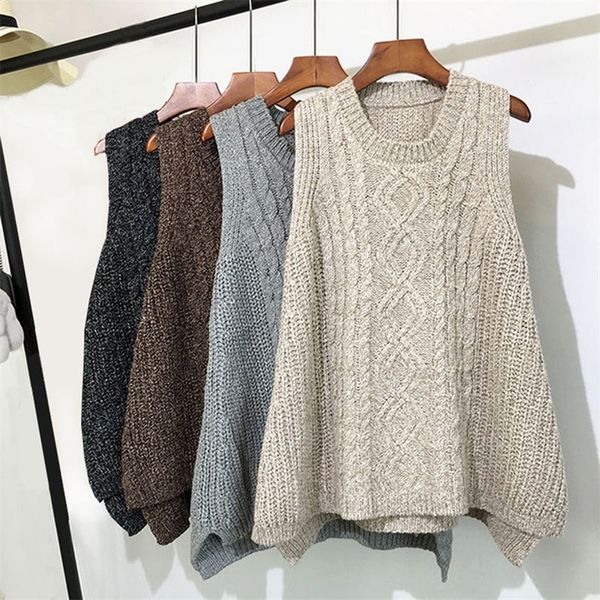 

autumn and winter clothing thick wool vest female knitted vest loose large size round neck in the long section of the wild vest lj201125, White;black