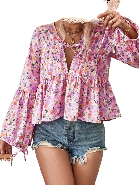

ditsy floral trumpet sleeve tie front peplum blouse a2qe#, White