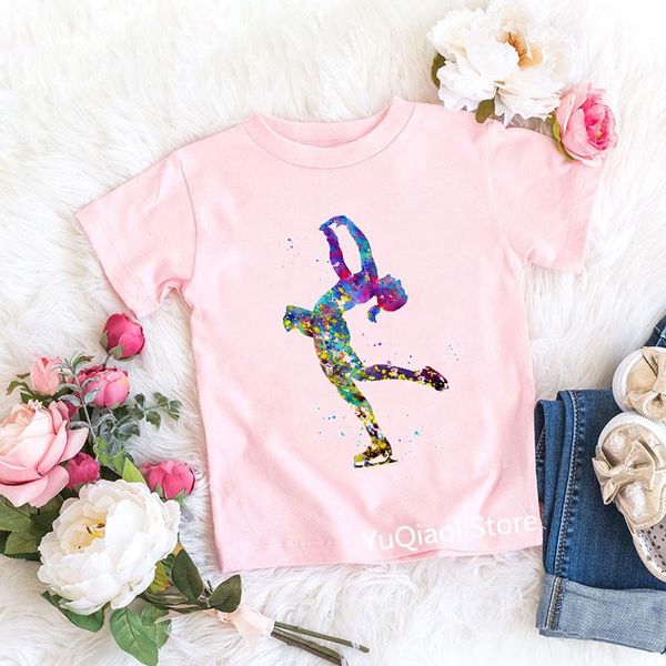 T-Shirts Aquarell Eiskunstlauf Kunstdruck T-Shirt Baby Mädchen T-Shirt rosa Sommer Top Kinder Sportliebhaber Kinder benutzerdefinierte Klasse KleidungT-sh