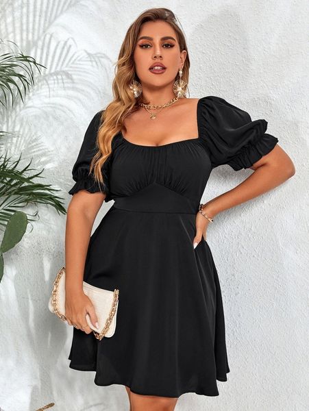 

plus ruched bust puff sleeve dress d475#, Black