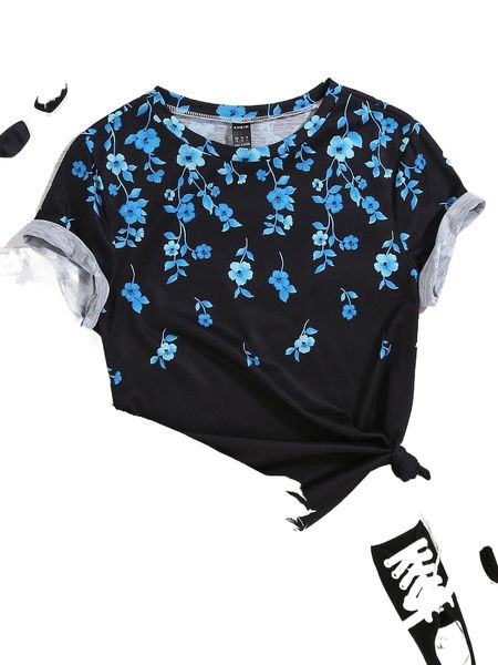 

floral print crew neck tee y6p8#, White