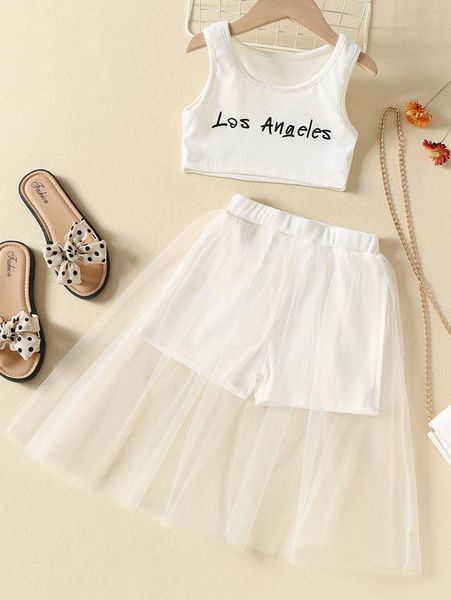 

little girl's lettered vest and mesh stitched shorts she, White