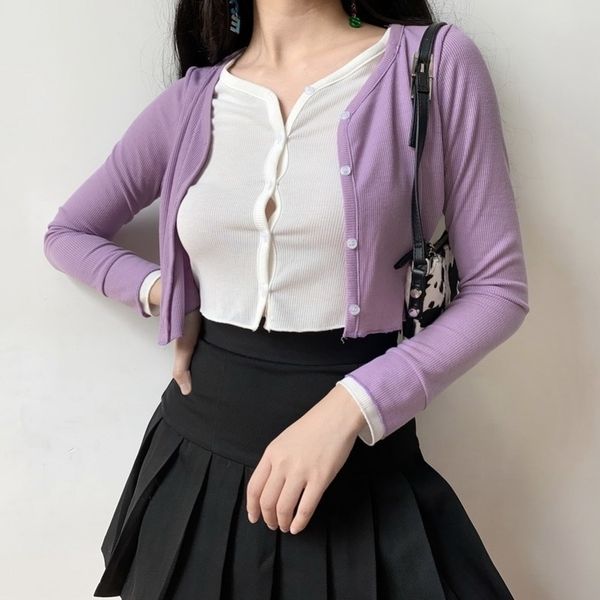 

fashion womens new girl simple double layer spring purple fake two show belly button knitted sweater womans q003 y200910, White;black