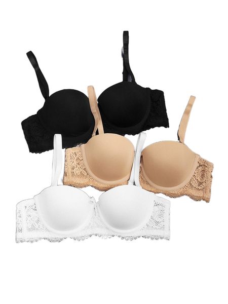 

3pack contrast lace scallop trim underwire bra r1tn#, Black;red