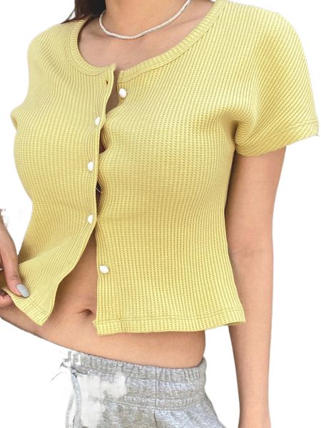 

dazy button up waffle knit tee m73z#, White