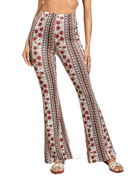 

floral & geo print flare leg pants m7mw#, Black;white