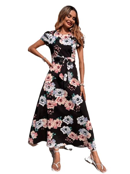 

floral print puff sleeve belted a-line dress 09em#, Black;gray