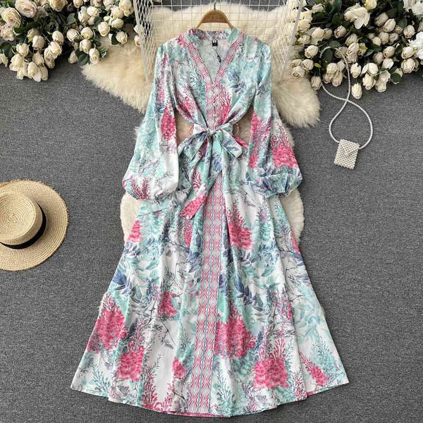 

casual dresses light mature style celebrity temperament v-neck dress sense lace up thin print long sleeve large swing long skirt bi55, Black;gray