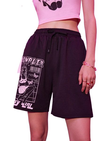 

romwe anime letter graphic drawstring shorts t576#, White;black