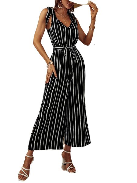 

striped belted wide leg jumpsuit 26zx#, Black;white