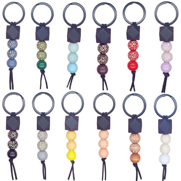 Chaves de leopardo Keychains com contas de madeira pingente pingente de bagagem diy decoração de chaves de cadeia -chave