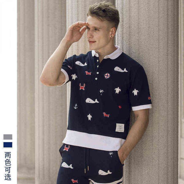 

tb ocean style whale turtle crab lifebuoy embroidery summer new polo shirt short sleeve four stripes cool lovely beach sun outdoor trendy am, White;black