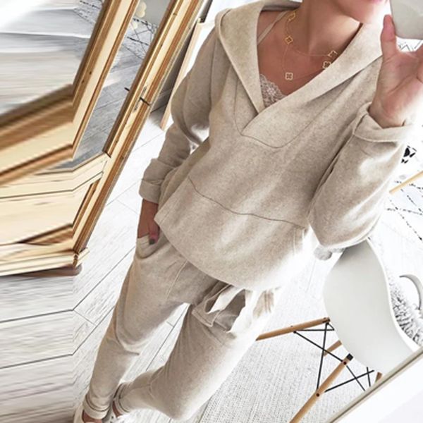 

women casual hooded pocket sweatshirt and long pants suits harajuku retro autumn solid color outfits two piece set female pullover, White
