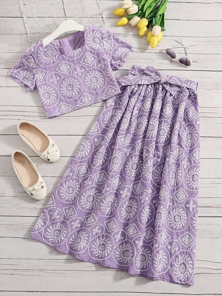 

girls floral embroidery & belt skirt she, White