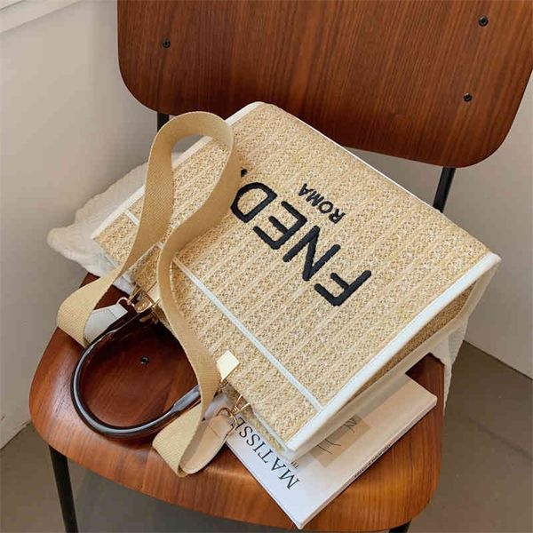 

66% off trendy bags 2022 new designer handbags summer ins straw woven capacity hand letter wide strap single messenger bucket
