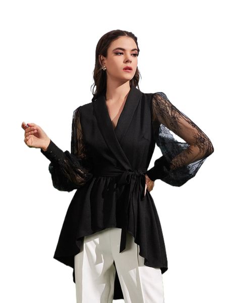 

shawl collar contrast lace high low hem belted blouse e7og#, White
