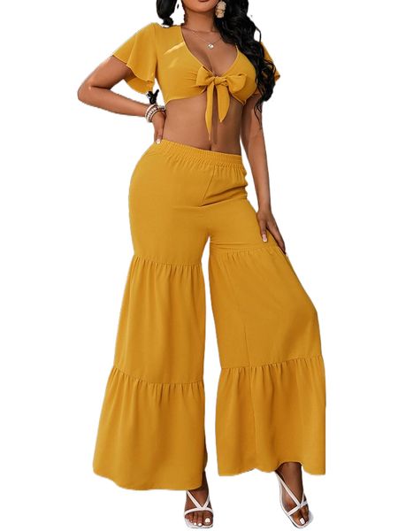 

knot front crop & ruffle hem wide leg pants 76am#, White